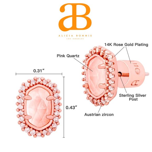 Alicia Bonnie Halo Oval Stud Earrings Rose Gold Crystal Rose Quartz Sparkly - Picture 6 of 6